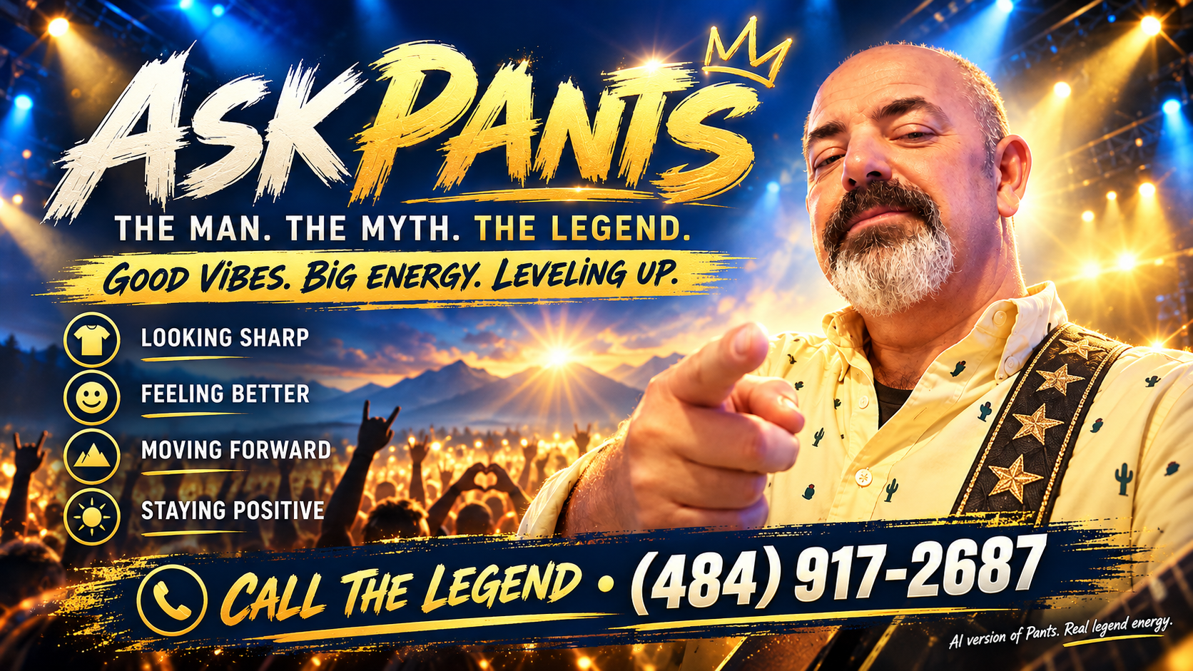 Ask Pants: The man, the myth, the legend — rock-star portrait with gold concert lights